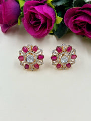 Designer Pink Kundan Polki Stud Earrings For Ladies