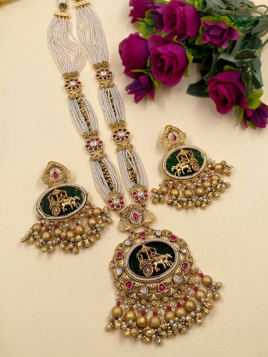 Sujata Gold Plated Long Antique Gold Necklace Set | Long Wedding Jewellery