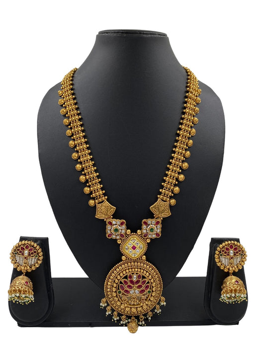 Pallavi Long Antique Gold Haram Necklace Set For Weddings By Gehna Shop