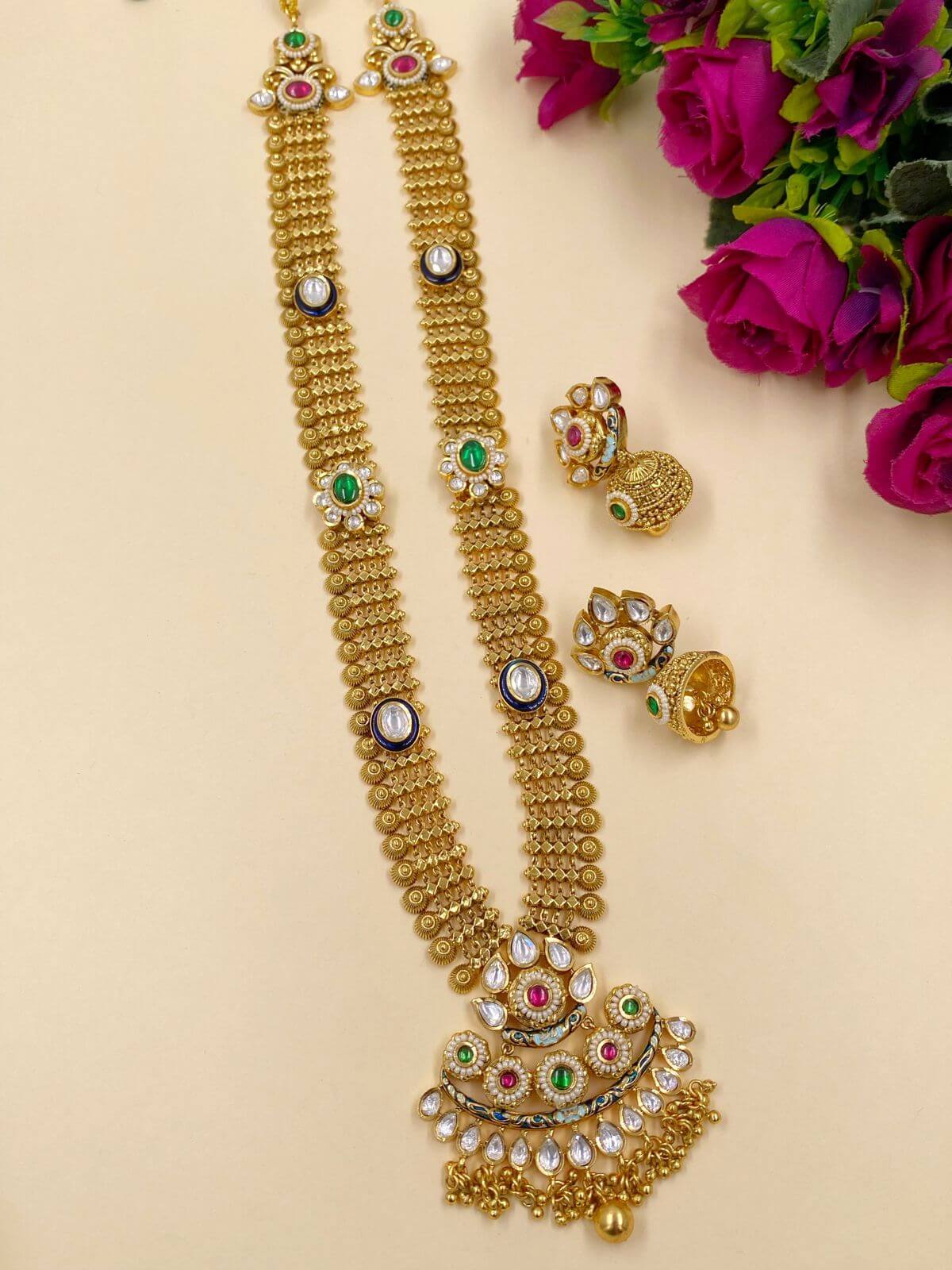 Sarika Long Antique Kundan Harm Necklace Set