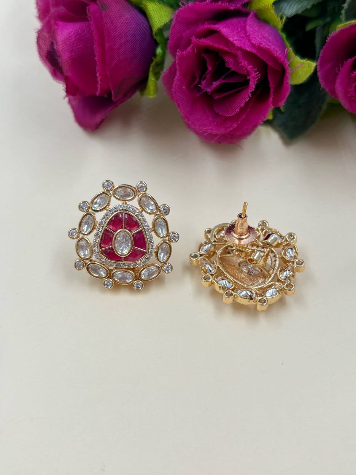 Maya Designer Pink Polki Stud Earrings For Women