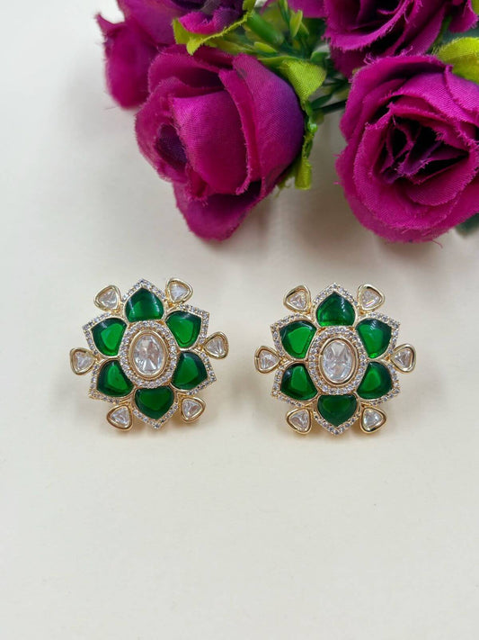 Big Flower Design Green Polki Stud Earrings For Women