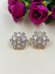 Big Flower Design White Polki Stud Earrings For Women