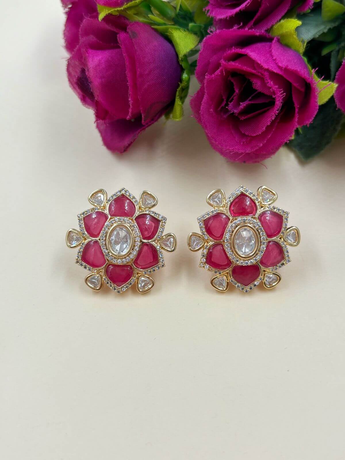 Big Flower Design Pink Polki Stud Earrings For Women