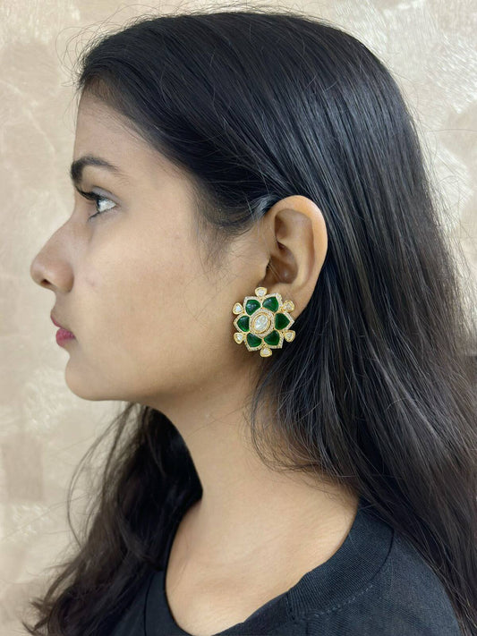 Big Flower Design Polki Stud Earrings For Women