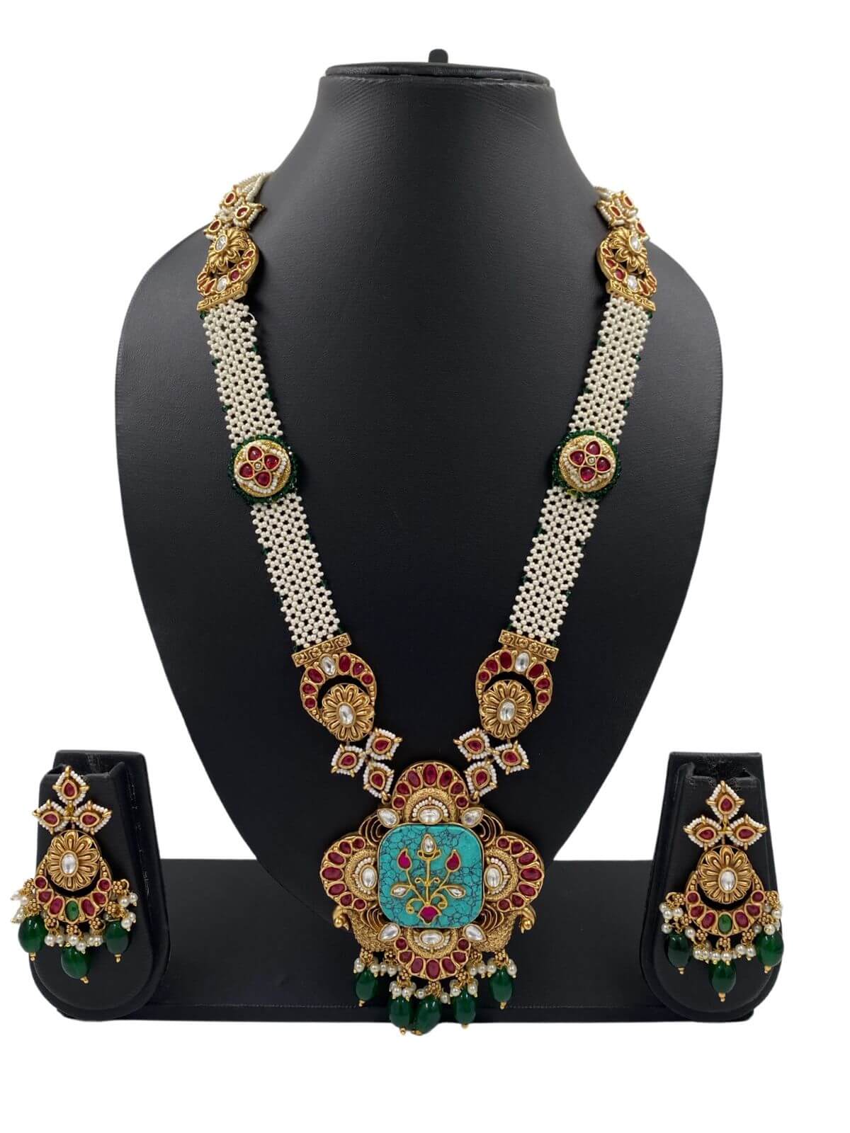  Long Antique Gold Pendant Kundan Necklace Set