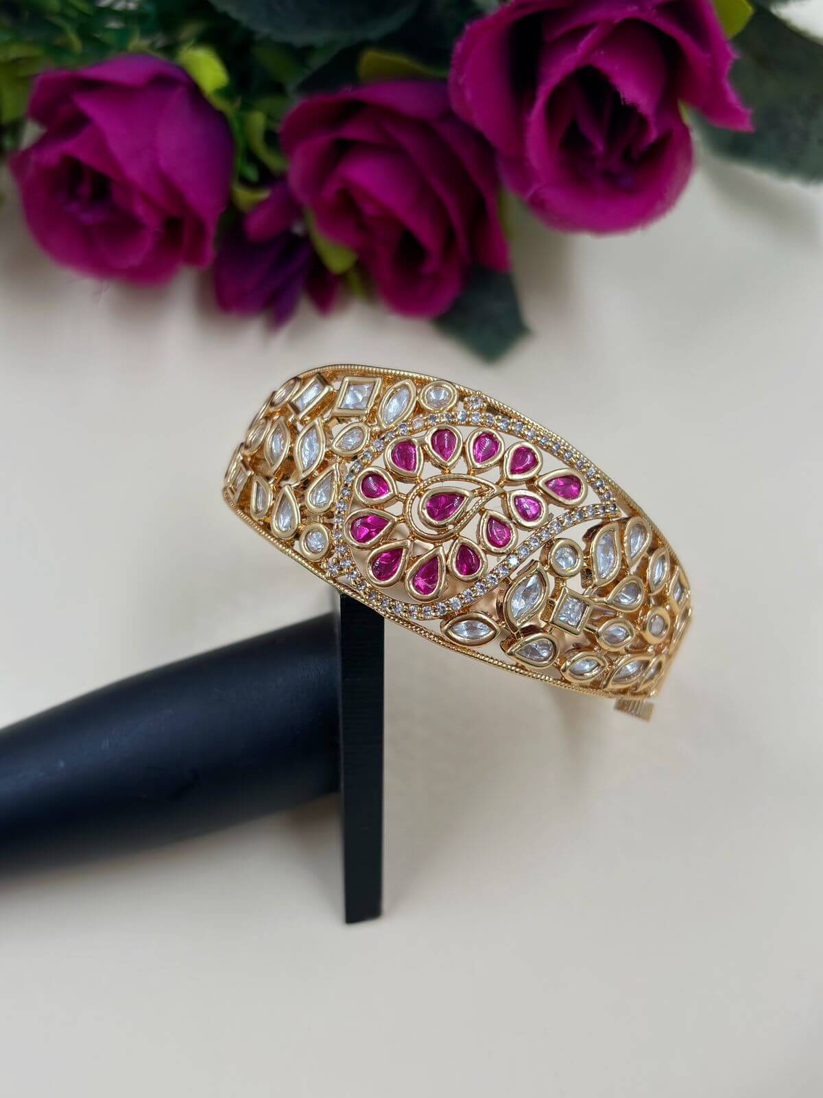Designer Kundan Polki Pink Bracelet For Women 
