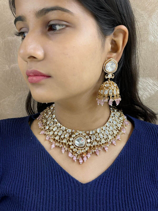designer Uncut Polki Pink Bridal Necklace Set | Pink Wedding Jewellery . 