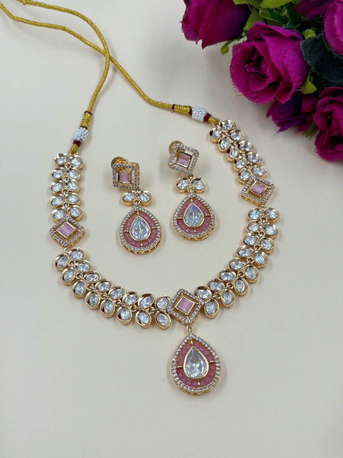 Saisha Gold Plated Modern Party Wear Polki Jewellery Necklace  Set