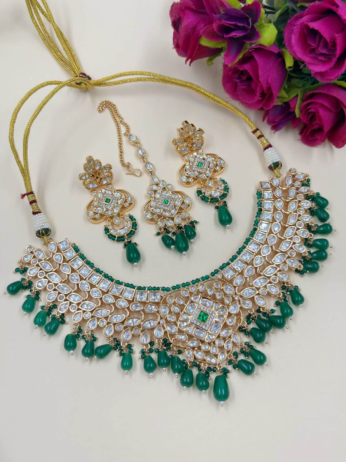 Anaisha Designer Polki Bridal Necklace Set With Tikka | Bridal Jewellery Set