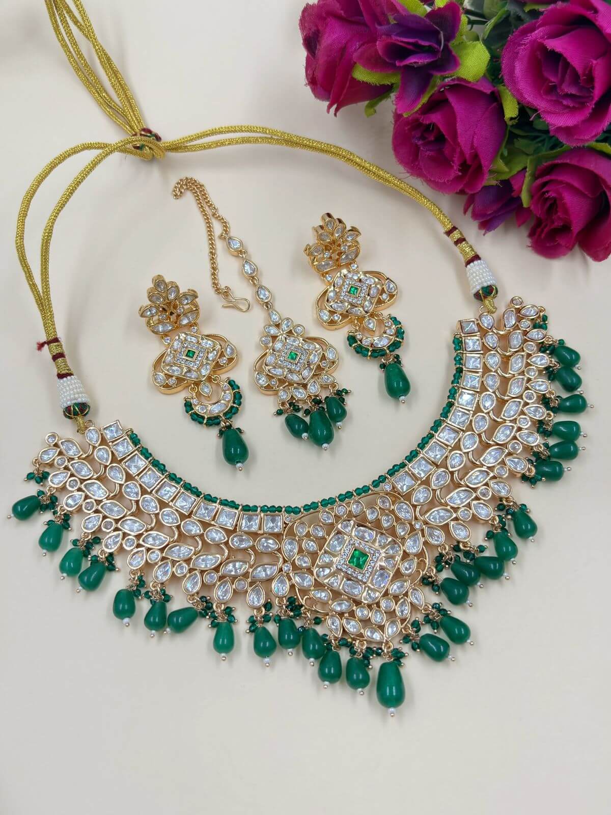Anaisha Designer Polki Bridal Necklace Set With Tikka Bridal Jewellery Set Green