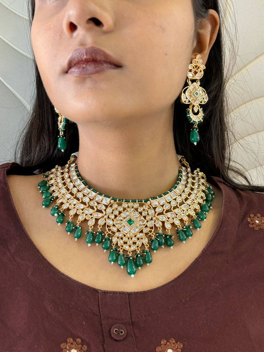 Anaisha Designer Polki Bridal Necklace Set With Tikka | Green Bridal Jewellery Set