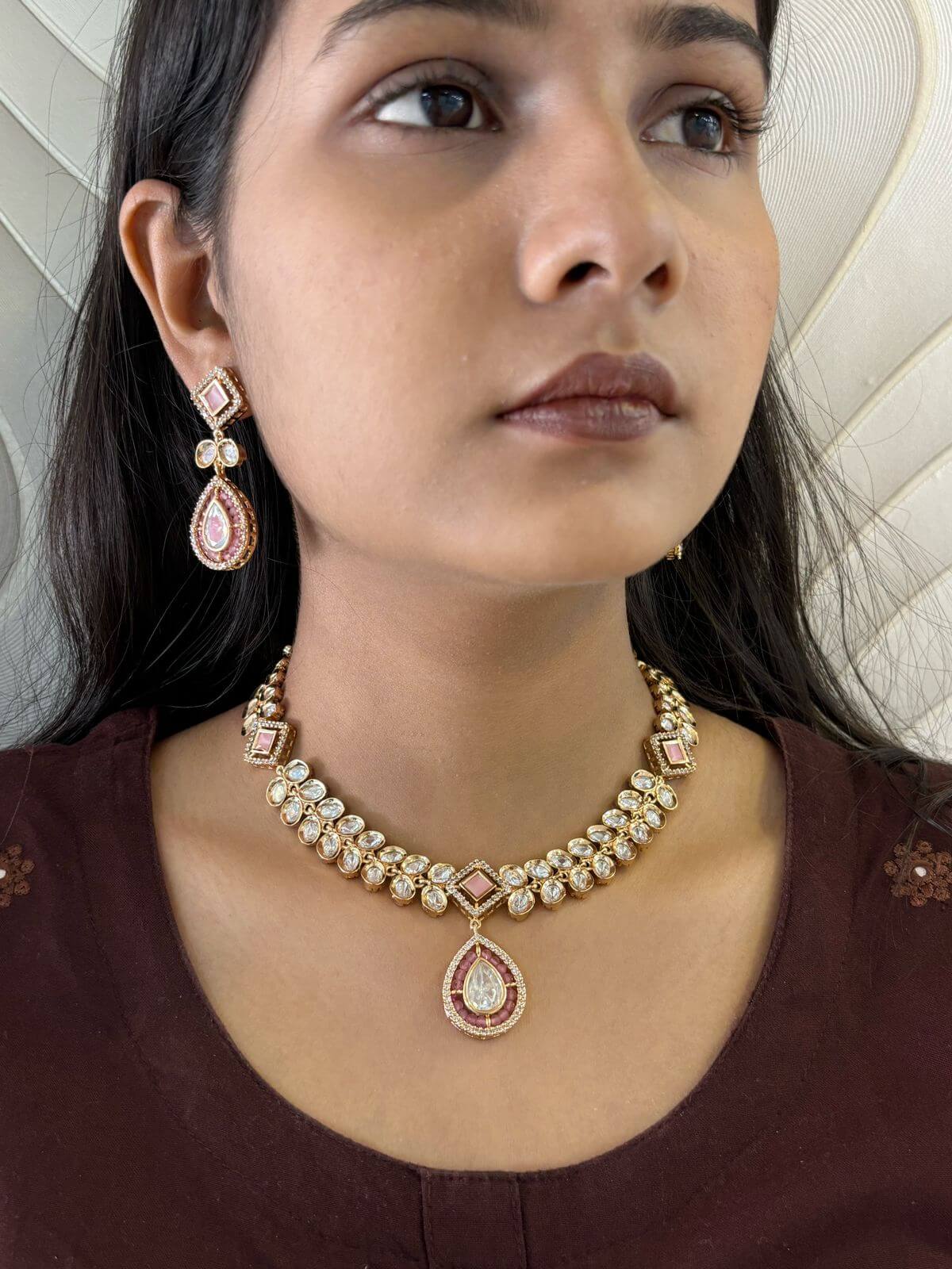 Saisha Gold Plated Modern Party Wear Polki Jewellery Necklace Set