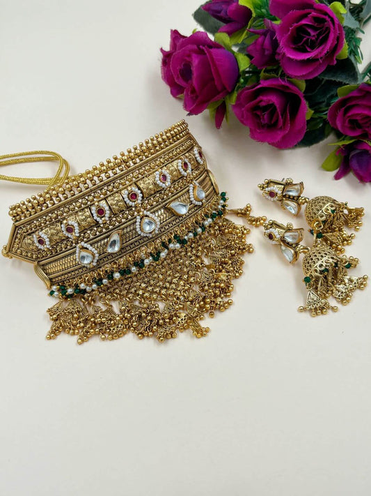 Royal Look Antique Gold Choker Necklace Set | Antique Jewellery Set