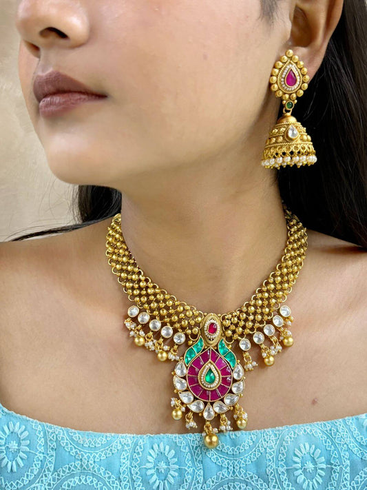 Gold Plated Antique Gold Necklace Set For Women