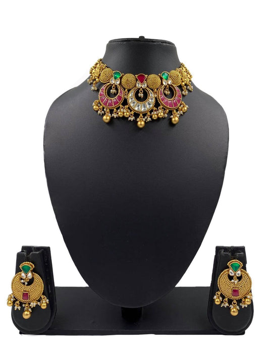 Neelima Artificial Short Antique Gold Necklace Set | Antique Kundan Jewellery