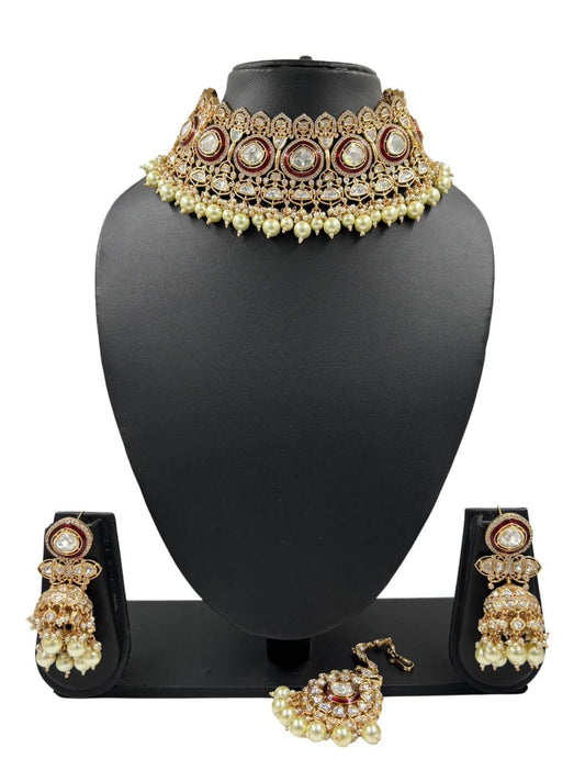  Designer Bridal Polki Choker Necklace Set With Tikka | Red Choker Jewellery