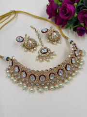 Avadhi Designer Red Polki Kundan Choker Necklace Set With Tikka for weddings 
