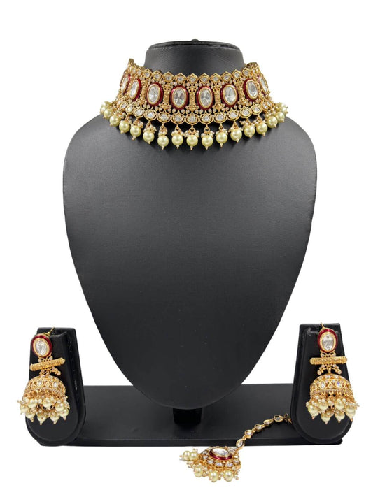 Avadhi Designer Red Polki Kundan Choker Necklace Set With Tikka for weddings 