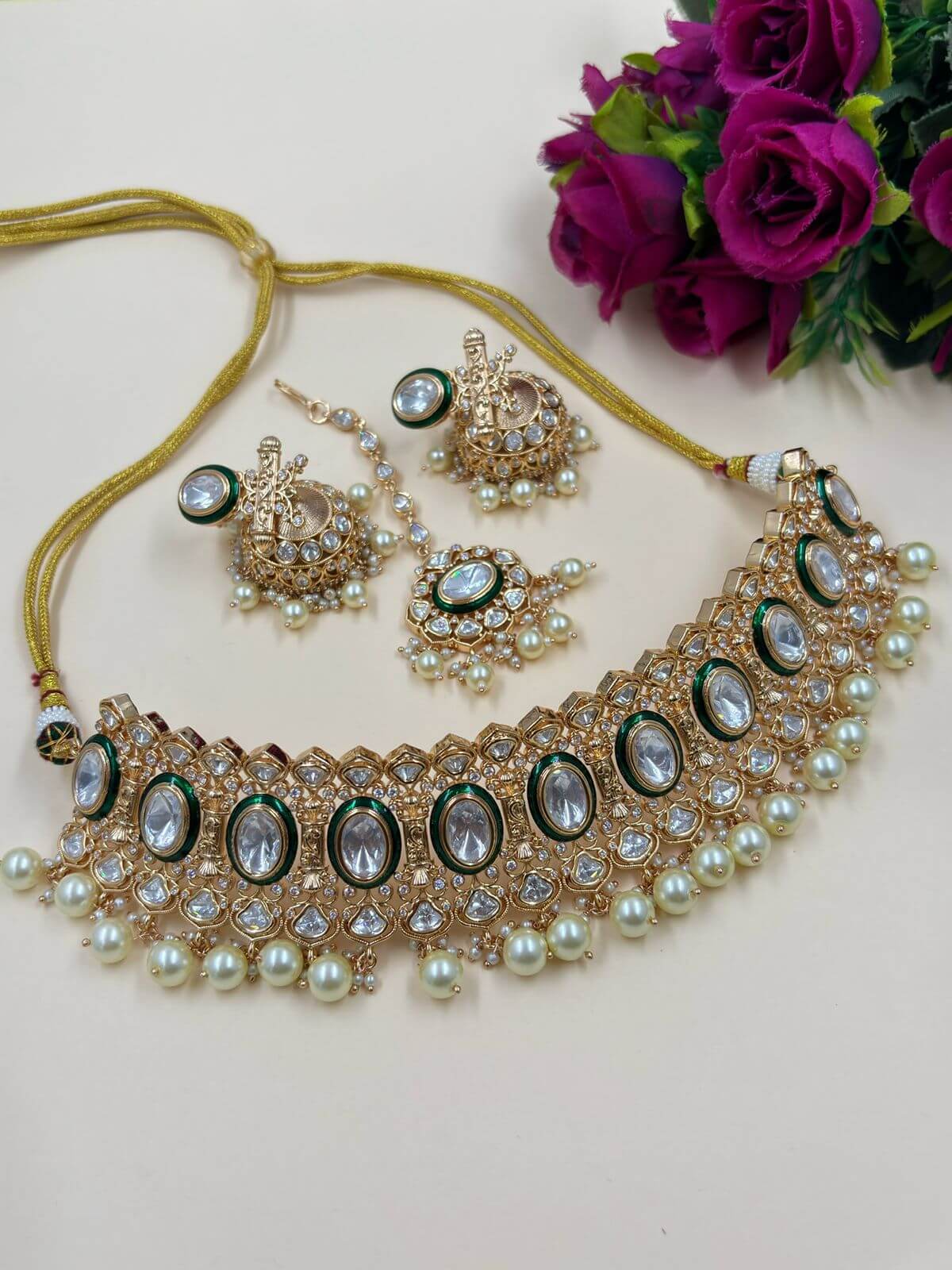 Avadhi Designer Green Polki Kundan Choker Necklace Set With Tikka for weddings 