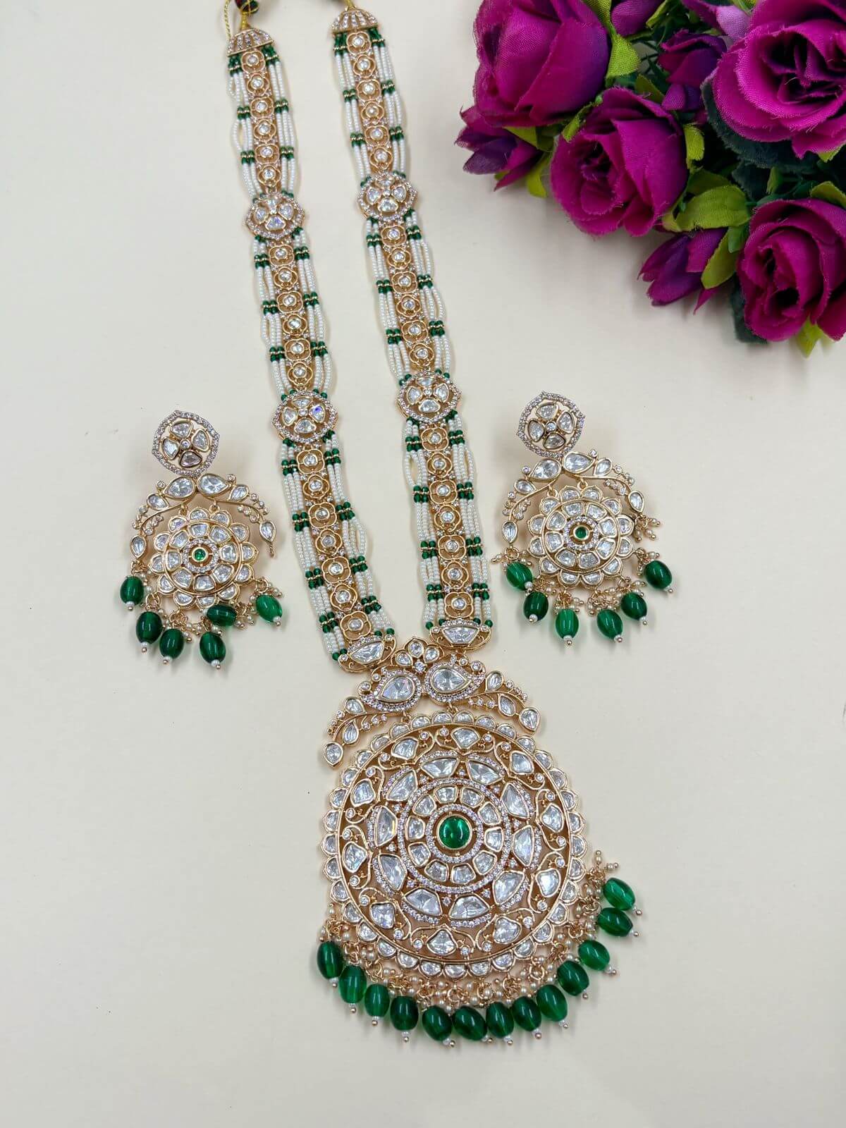 Artificial Long Polki Necklace Set For Weddings | Green Wedding Jewellery