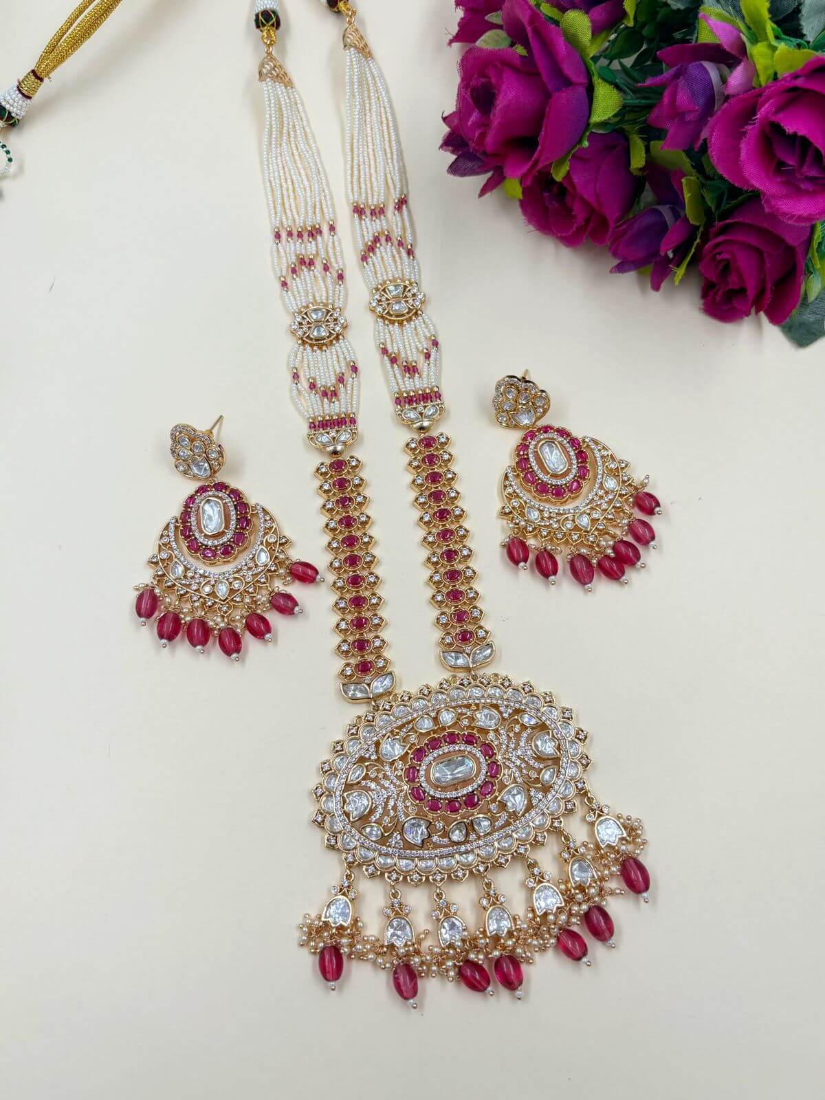 Designer Long Polki Necklace Set | Wedding Polki Jewellery