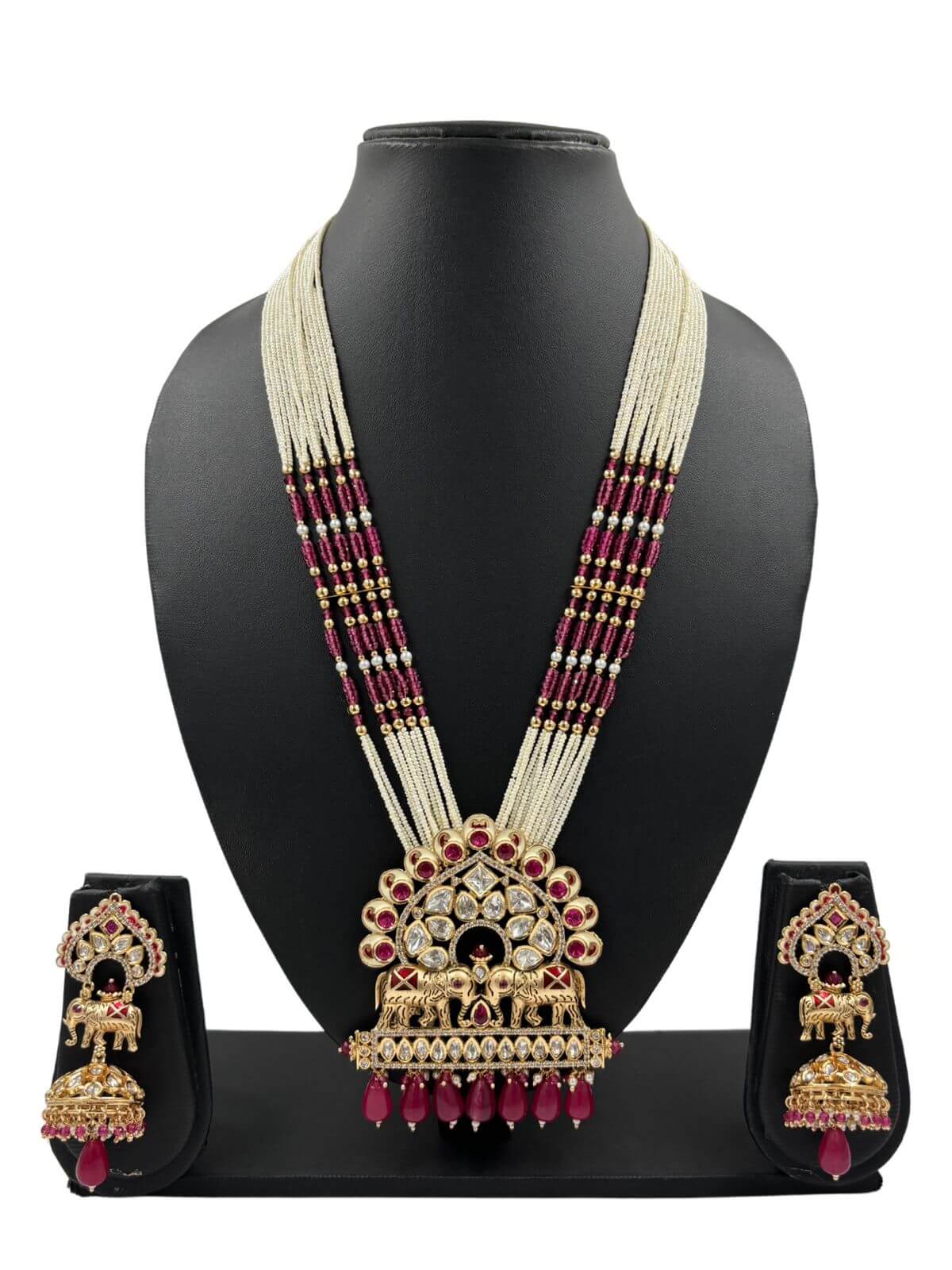 Artificial Long Polki Studded Elephant Design Pink Temple Necklace Set w
