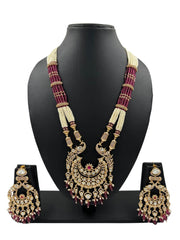 Long Uncut Polki Peacock Design Necklace Set With Pearls For Weddings