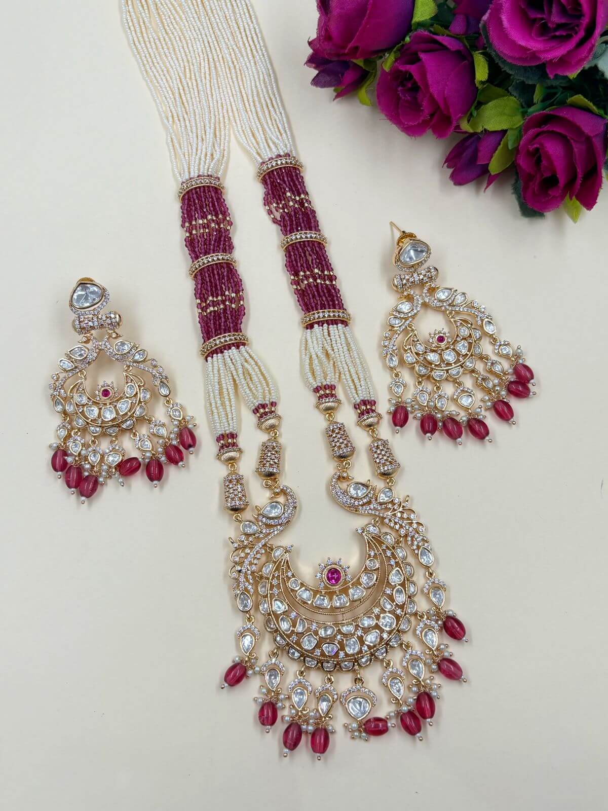 Long Uncut Polki Peacock Design Necklace Set With Pearls For Weddings