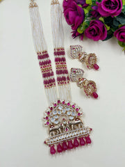 Artificial Long Polki Studded Elephant Design Pink Temple Necklace Set