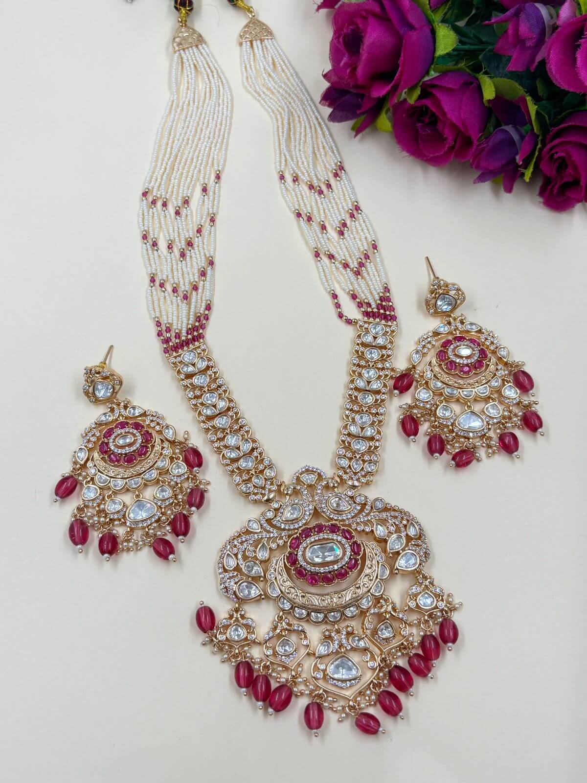  Exclusive Long Polki Studded Peacock Design Necklace Set For Weddings