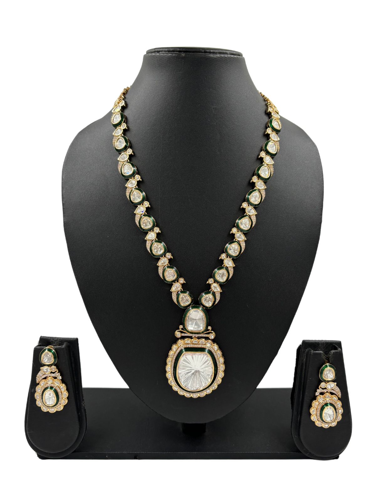 Royal Look Long Polki Necklace Set With Meenakari | Long Green Wedding Jewellery 