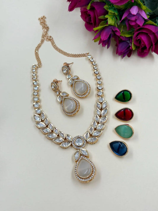 Zeenat Modern Look Changeable Stones Polki Necklace Set | Party Necklace 