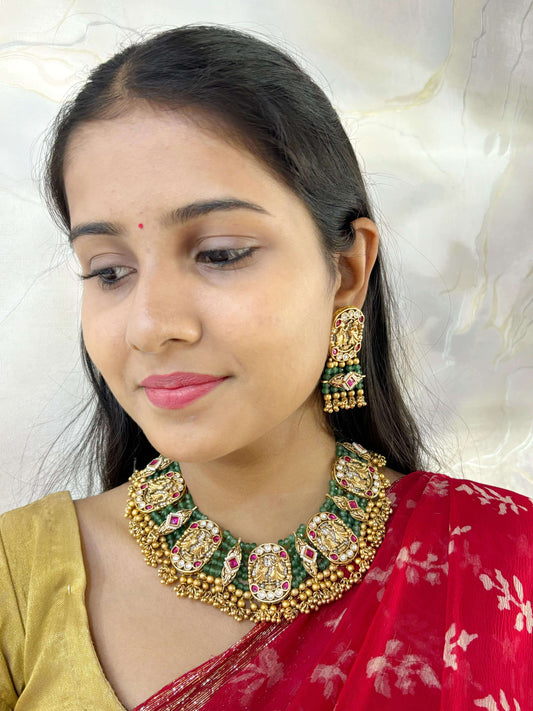 Mehar Designer Green Antique Kundan Bridal Golden Necklace Set  | Antique Jewellery