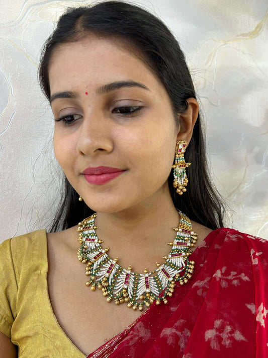 Nayantara Gold Plated Pearls And Kundan Antique Gold Necklace Set
