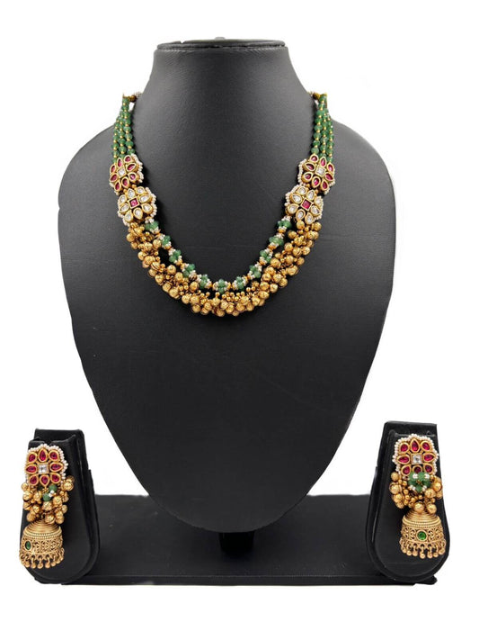Urvashi Short Antique Green Beads Necklace With Kundan Brooches