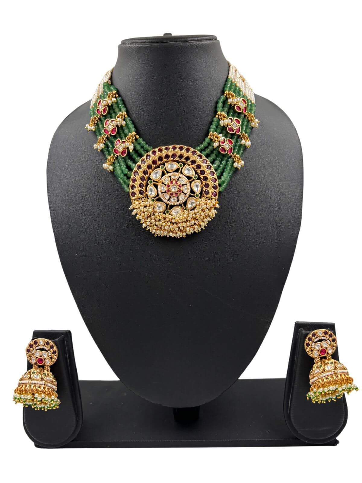 Roshni Designer Gold Plated Short Antique Necklace With Layered Green jadeBeads