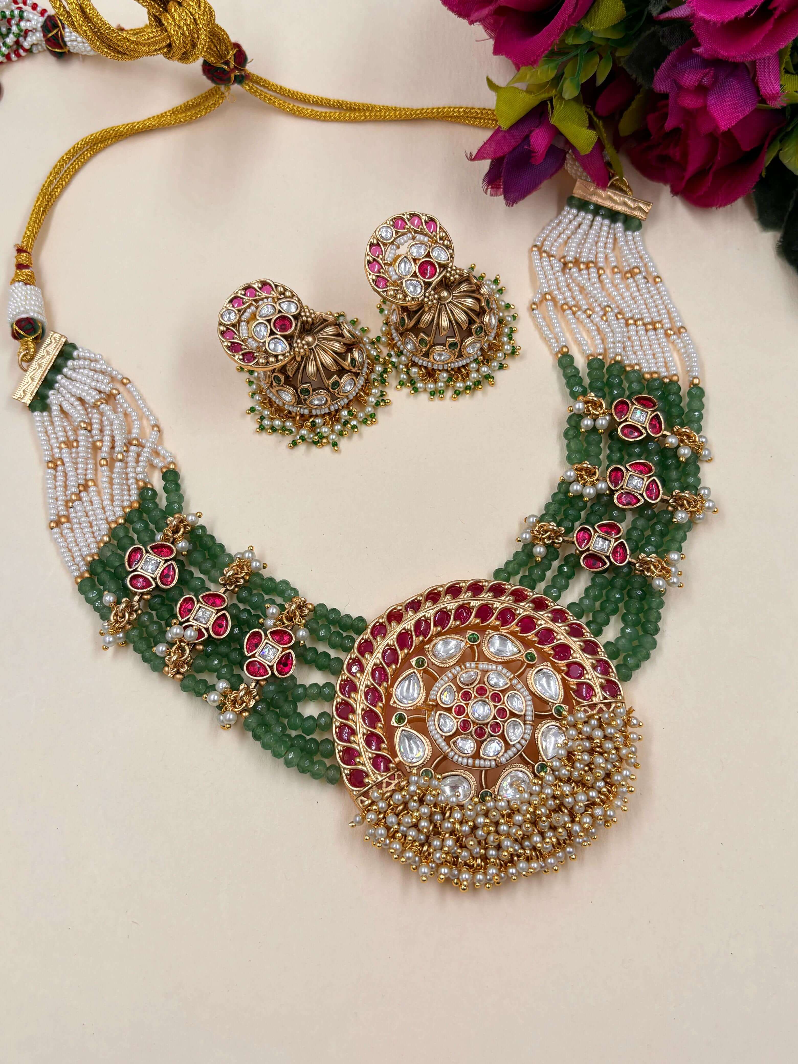 Roshni Designer Gold Plated Short Antique Necklace With Layered Green  Beads