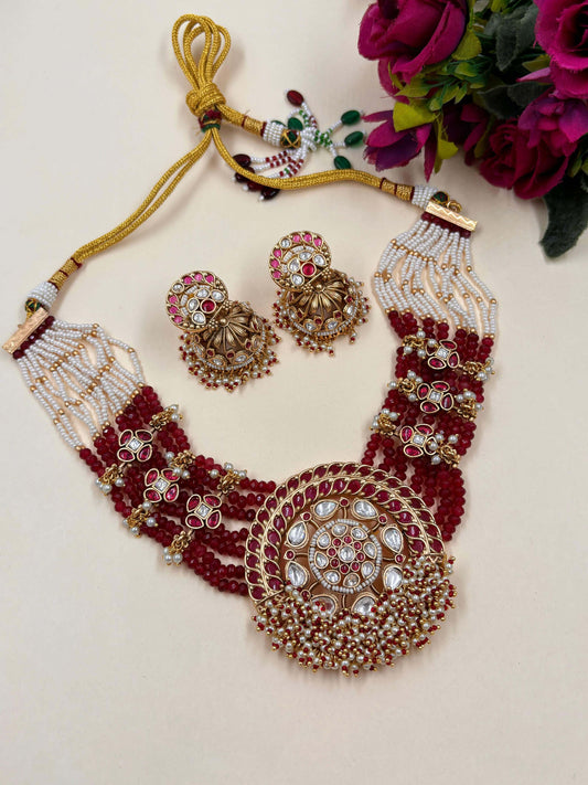 Roshni Designer Gold Plated Short Antique Necklace With Layered Maroon Jade Beads