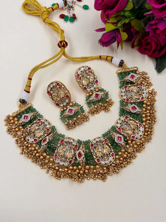 Mehar Designer Green Antique Kundan Bridal Golden Necklace Set  | Antique Jewellery