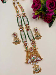 Deepanita Long Antique Gold Necklace Set With Kundan Brooches And Pearls handcrafted for Indian Weddings.