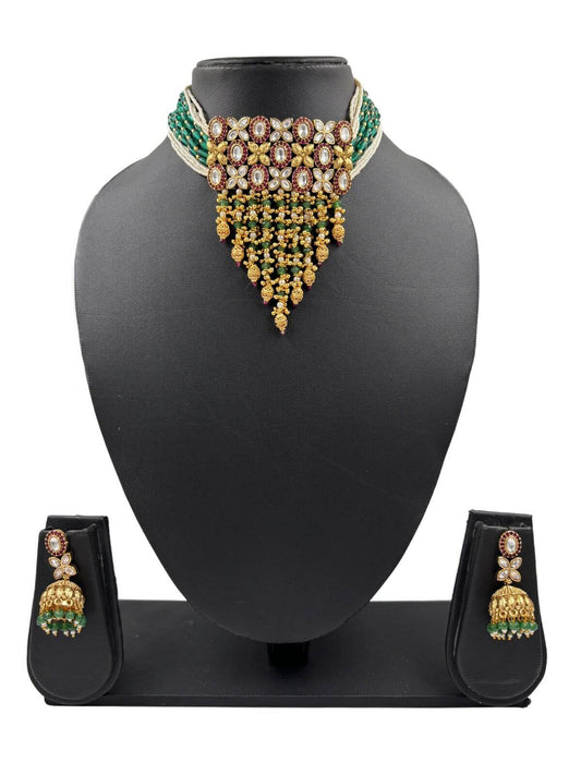 Artificial Antique Choker Necklace Set | Antique Gold Green Choker Jewellery