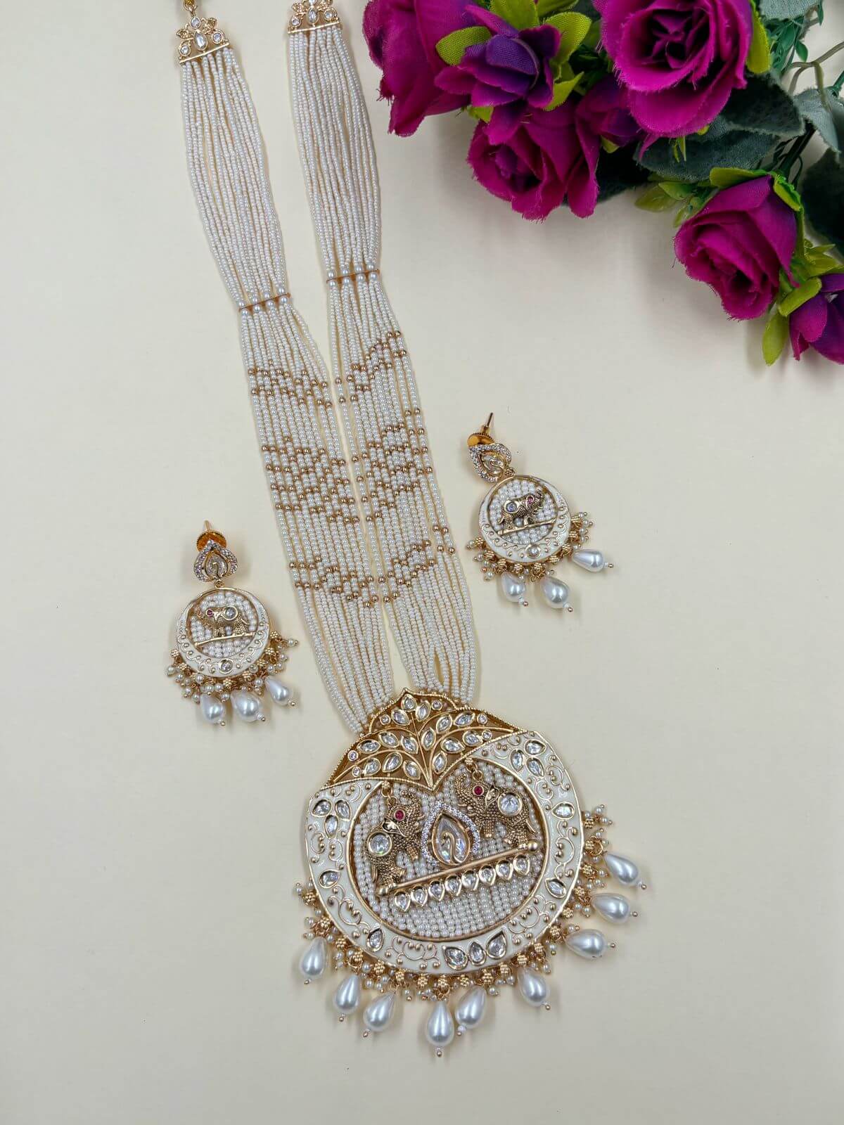 Shivanjali Long Polki Studded Elephant Design Temple Jewellery Necklace Set with white beads