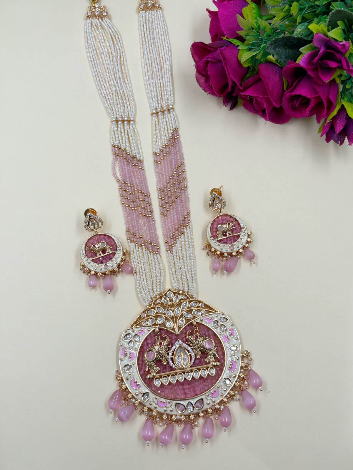 Shivanjali Long Polki Studded Elephant Design Temple Jewellery Necklace Set with baby pink beads