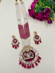 Shivanjali Long Polki Studded Elephant Design Temple Jewellery Necklace Set with pink beads