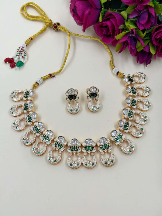 Prajakta Lotus Design Polki Necklace Set With Green Meenakari