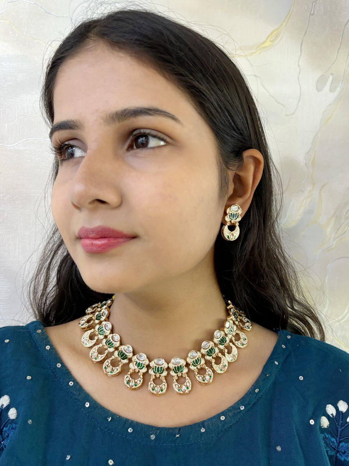 Prajakta Lotus Design Polki Necklace Set With Green Meenakari