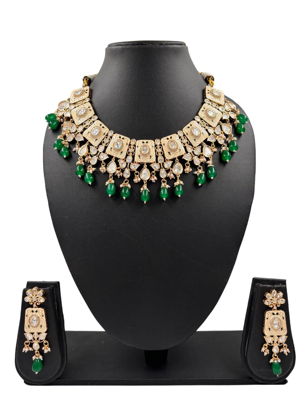 Poorva Designer Green Wedding Polki Jewellery Necklace Set With Meenakari