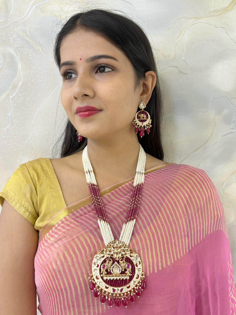 Shivanjali Long Polki Studded Elephant Design Temple Jewellery Necklace Set