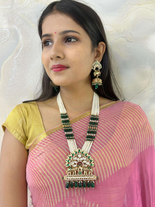 Artificial Long Polki Studded Elephant Design Temple Necklace Set with Green beads 